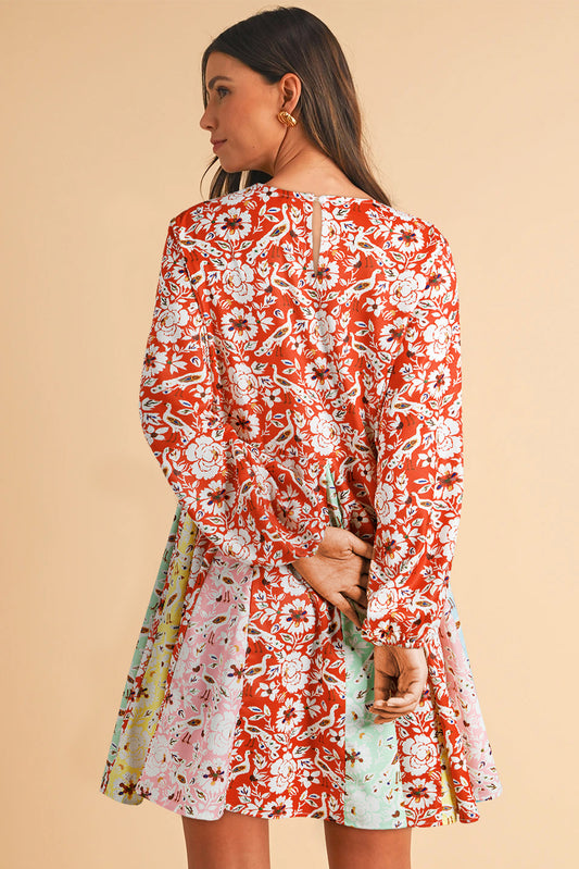Red Floral Patchwork Mini Dress Long Sleeve Pleated Boho Casual Loose Fit Women’s Dress