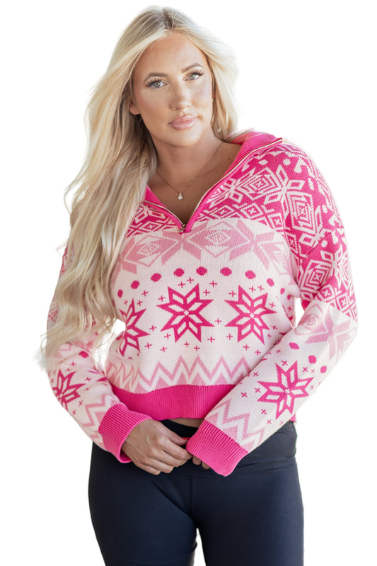 Woman wearing a pink and white patterned hoodie with a blurred background