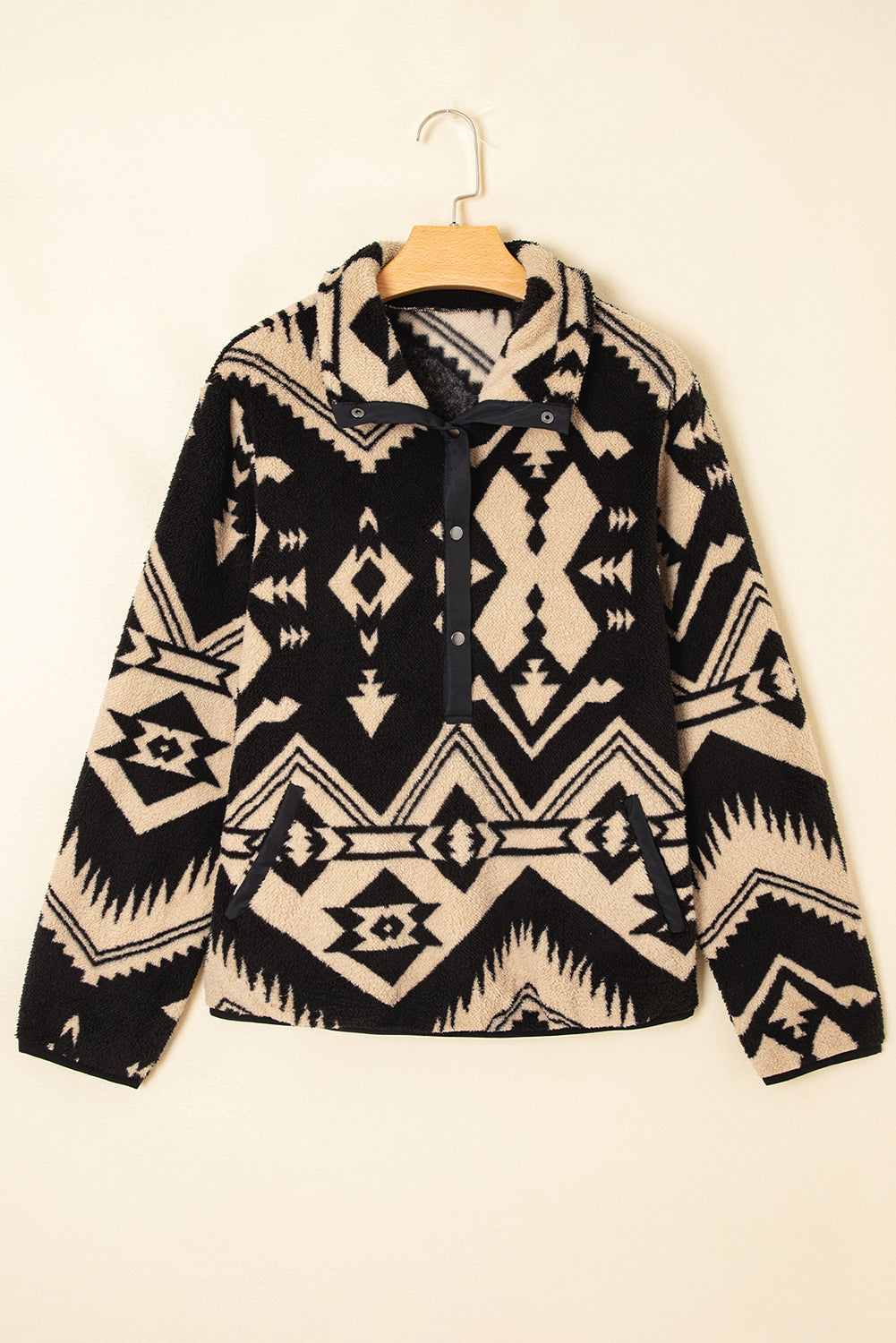Black Western Aztec Half Zip Plush Sweatshirt – Cozy Tribal Print Fleece Pullover for Women | Warm Boho Winter Jacket with Pockets
