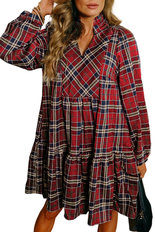 Red Plaid Print Frilly Collar Long Sleeve Shift Mini Dress