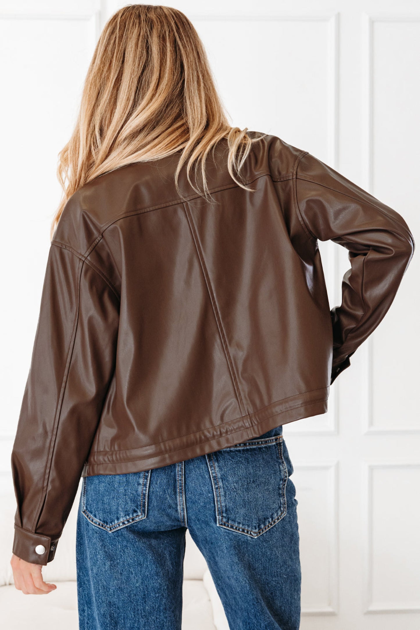 Chicory Coffee PU Leather Drawstring Jacket – Double Flap Pocket Utility Shacket for Women