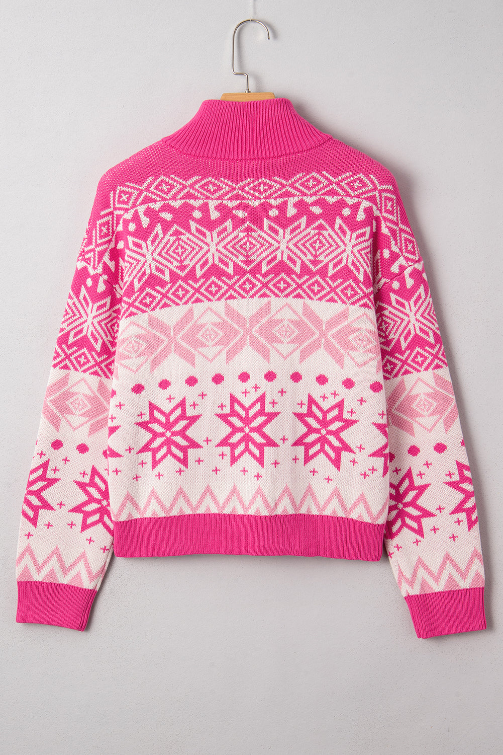 Rose Red Snowflake Quarter-Zip Collared Sweater – Cozy Holiday Knit Pullover for Women