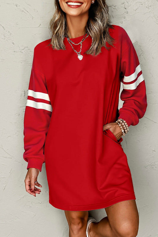 Fiery Red Striped Sleeve Sweatshirt Mini Dress – Casual Loose Fit with Pockets