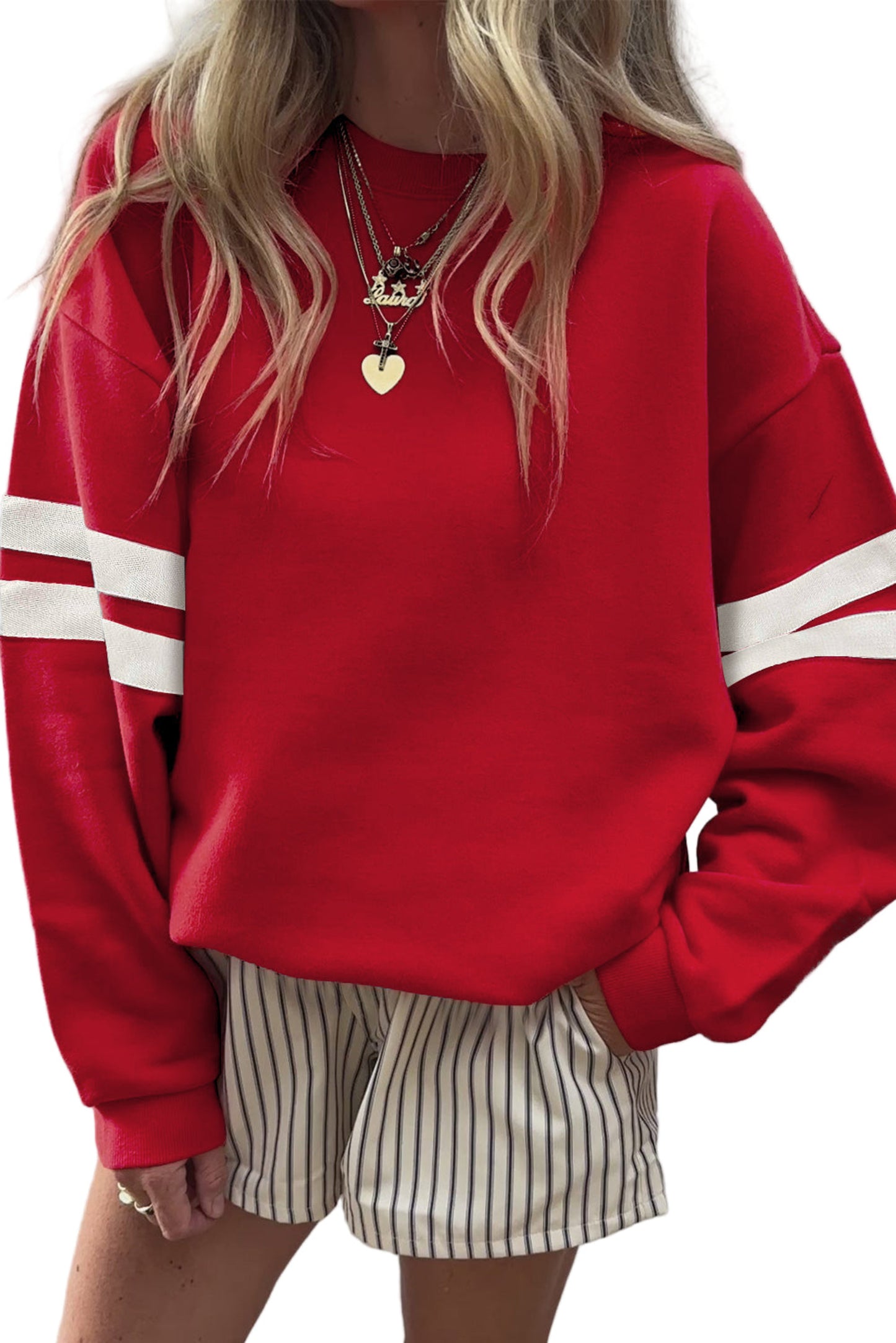 Fiery Red Preppy Striped Sleeve Loose Sweatshirt