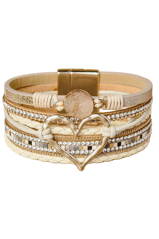 Layered Heart Boho Bracelet – Beige Rhinestone Magnetic Wrap