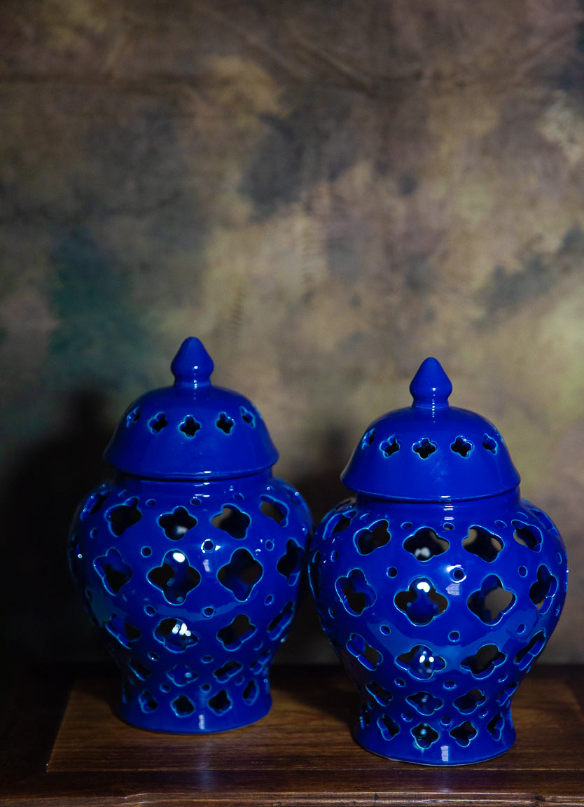 Blue Ceramic Lantern Candle Holder