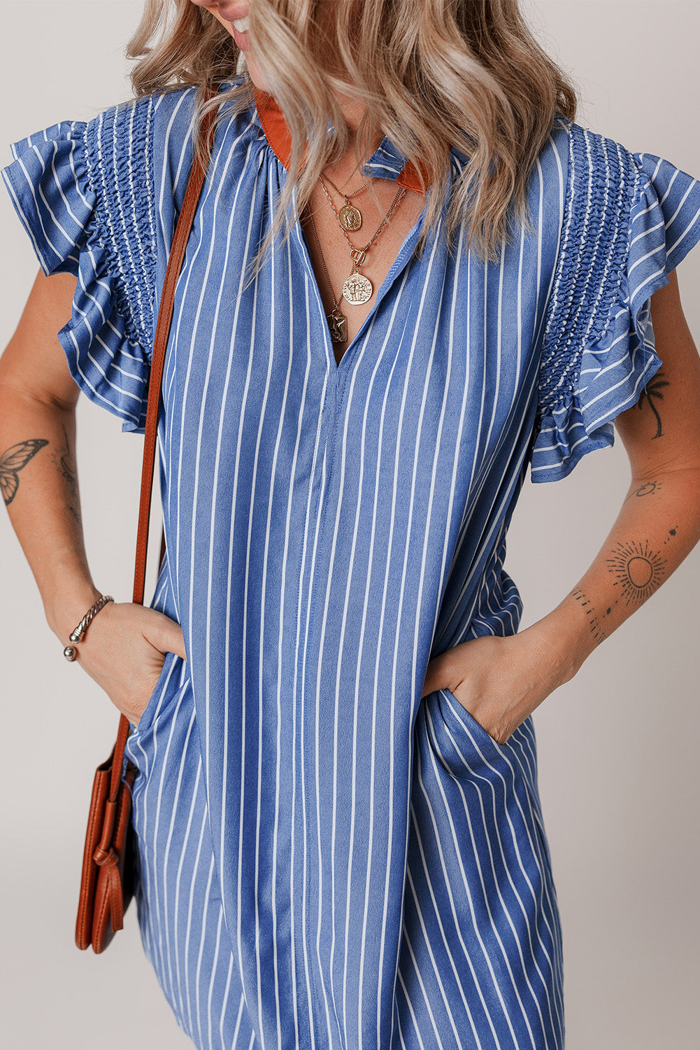 Sky Blue Stripe Frilly Split Neck Shirred Ruffle Sleeve Mini Shift Dress