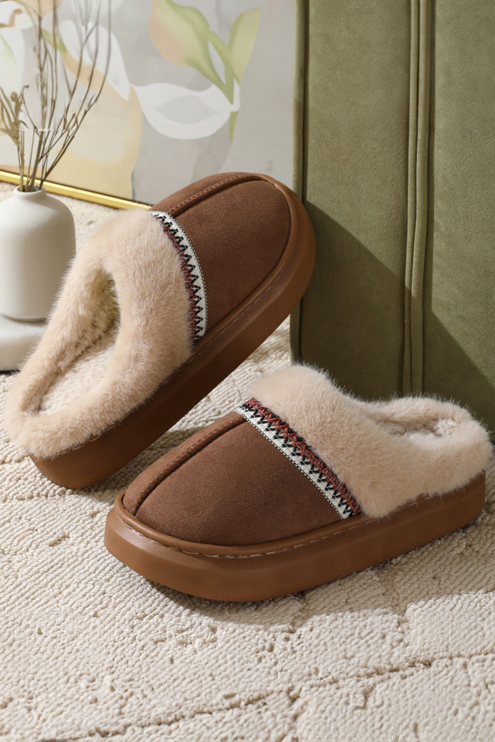 Coffee Colorblock Fuzzy Platform Slippers