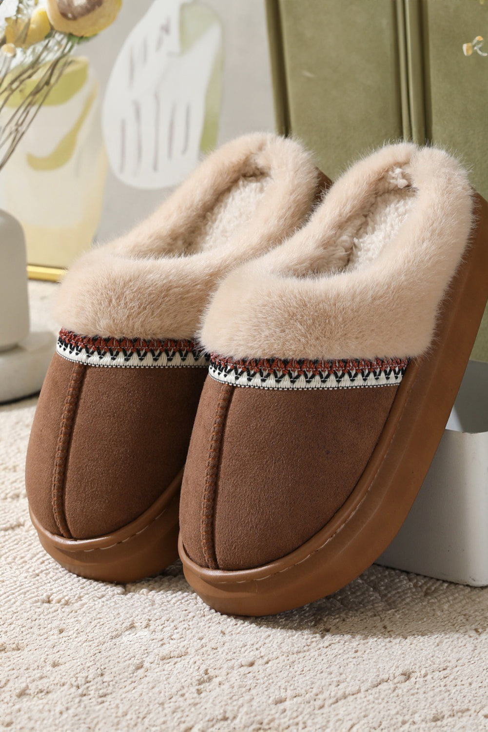 Coffee Colorblock Fuzzy Platform Slippers