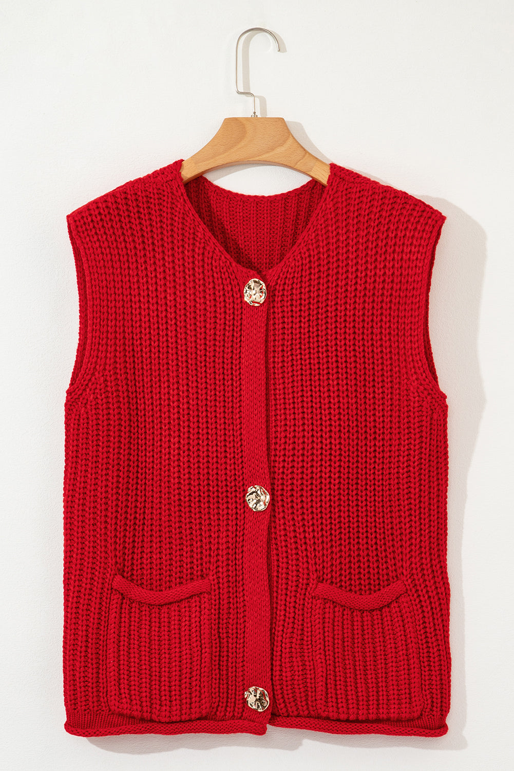 Firey Red Chunky Knit Buttoned Sweater Vest for Women – Cozy Fall Layer with Side Pockets