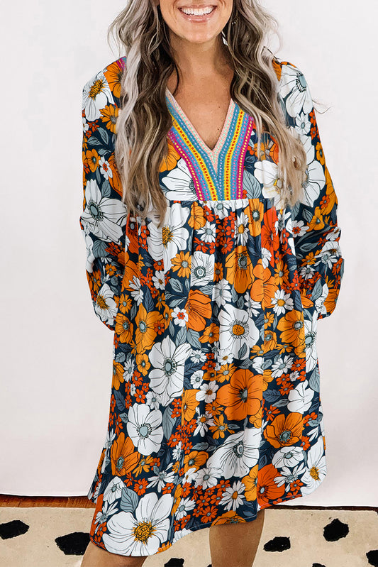 Boho Floral Mini Dress for Women Orange V Neck Long Sleeve Casual Summer Dress