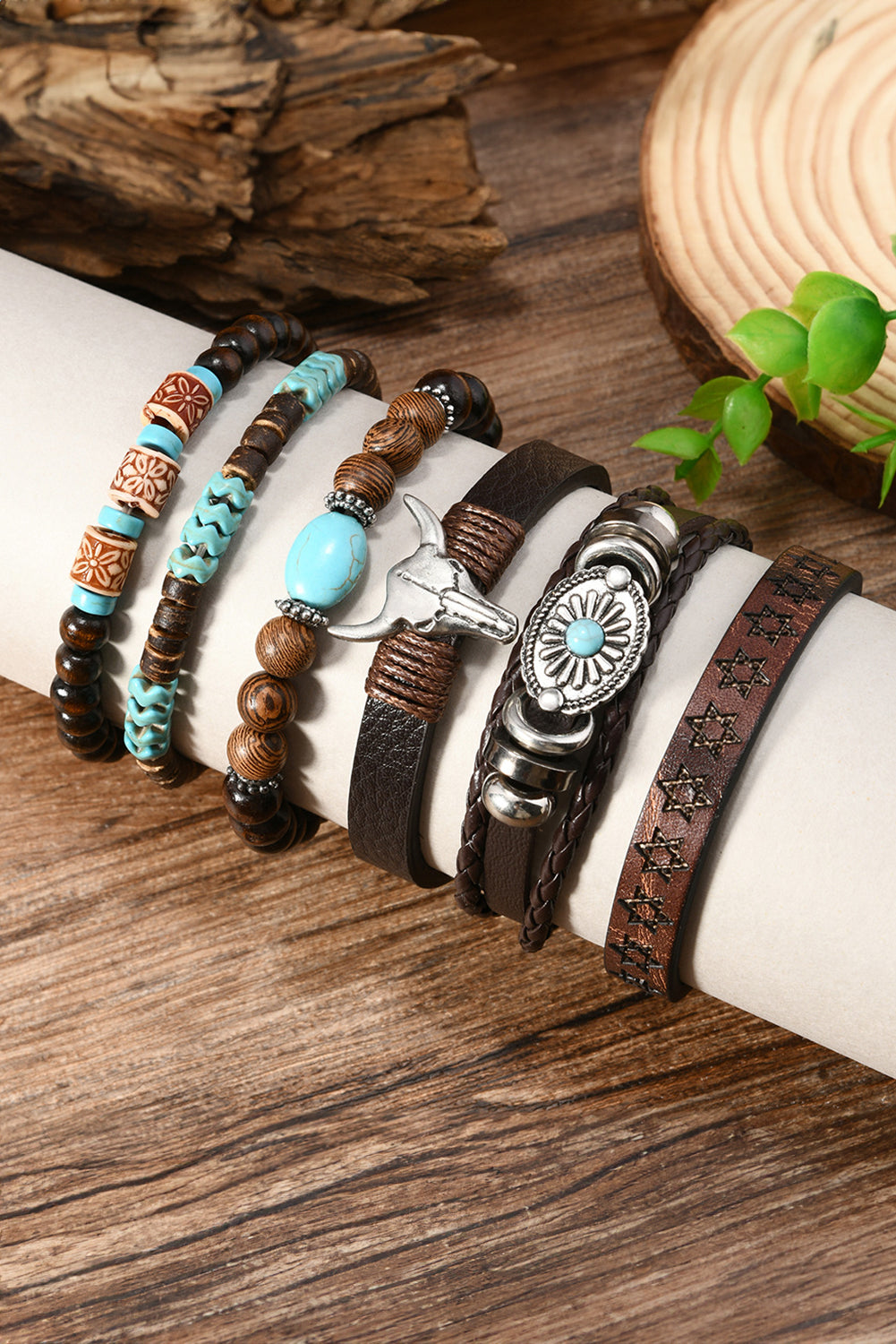 Chestnut Bull Skull Turquoise Beaded Bracelet Set