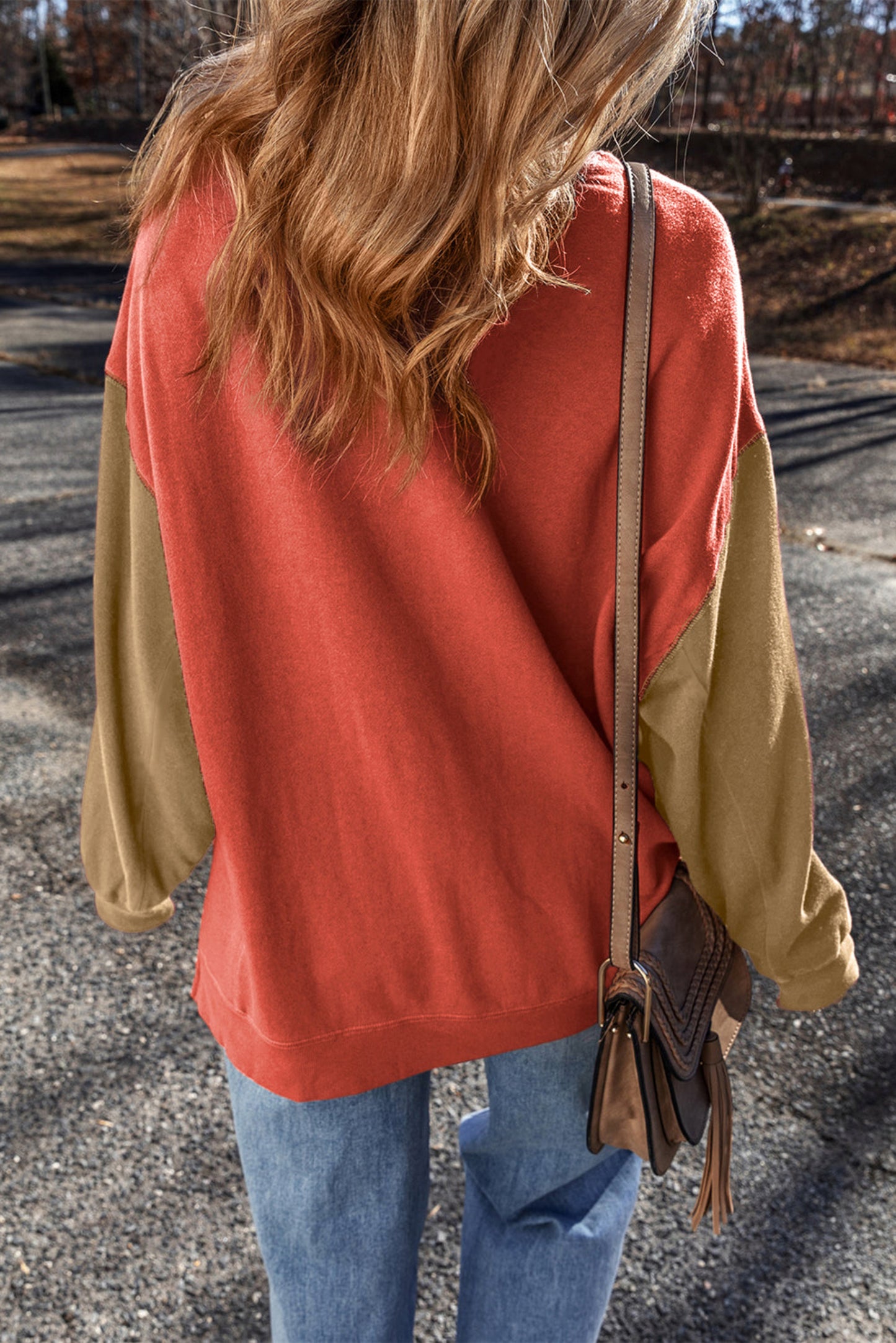 Women’s Colorblock Patchwork Sweatshirt – Gold Flame Drop Shoulder Pullover