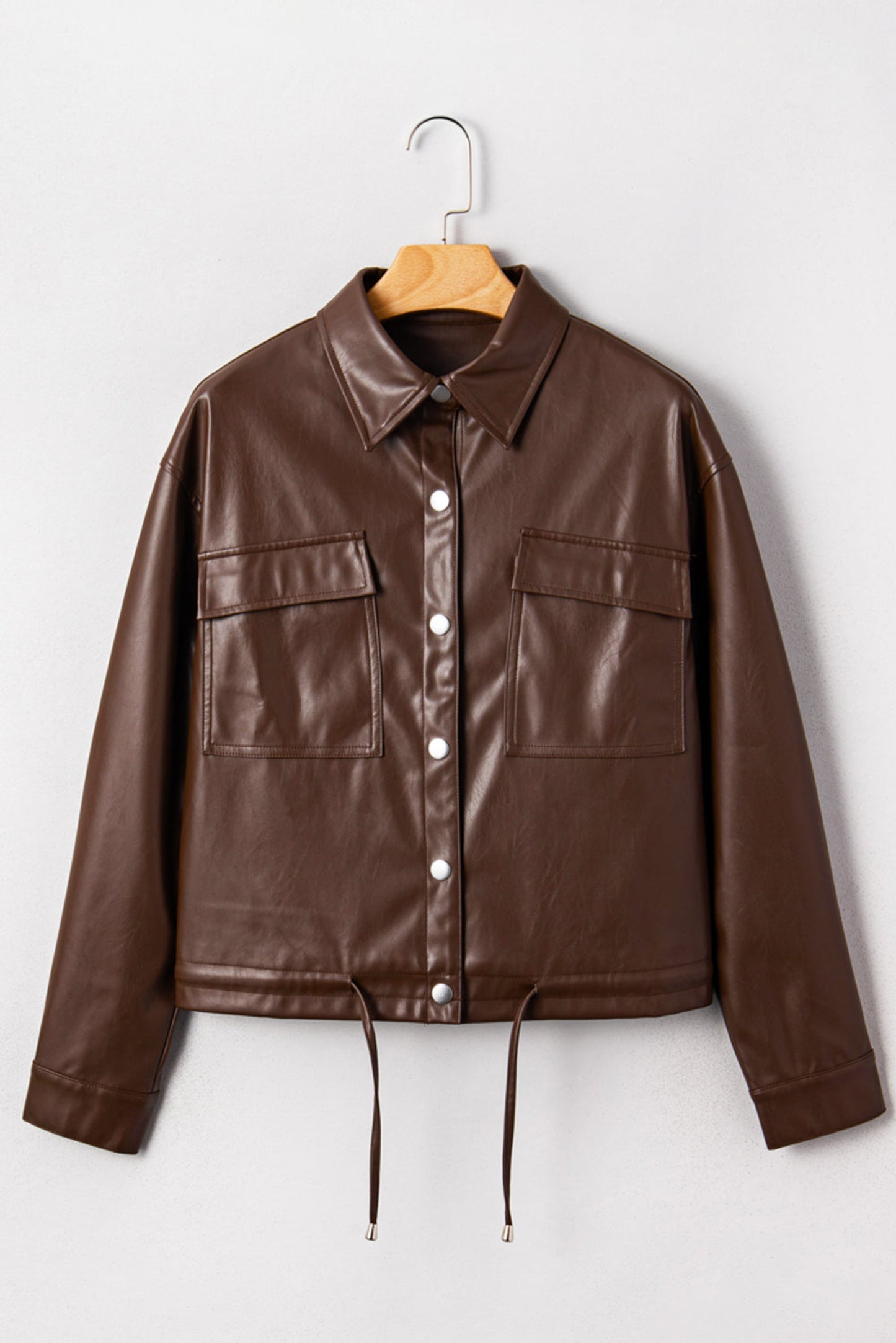 Chicory Coffee PU Leather Drawstring Jacket – Double Flap Pocket Utility Shacket for Women