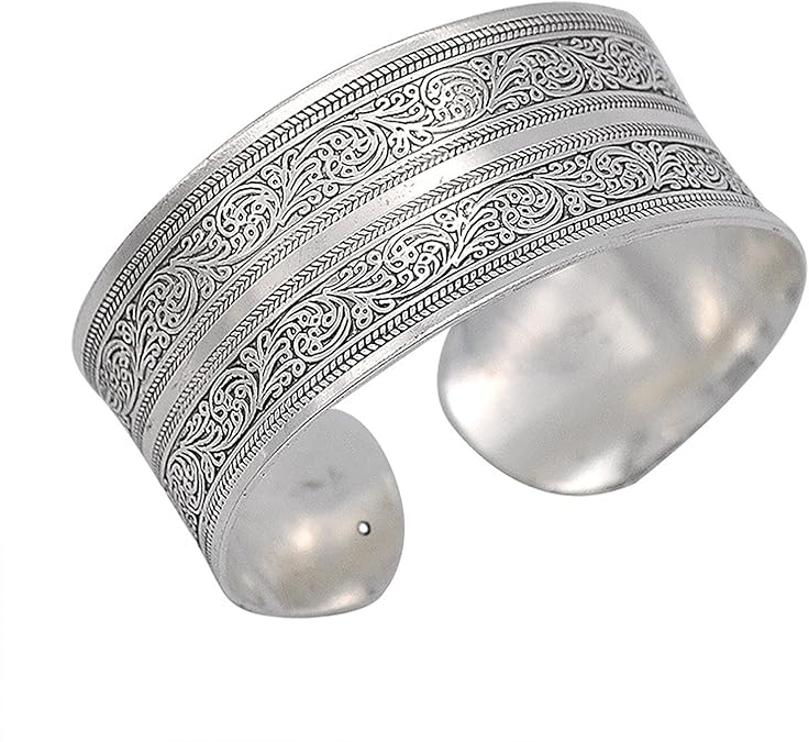 ENGRAVED SILVER CUFF BRACELET - ADJUSTABLE UNISEX DESIGN