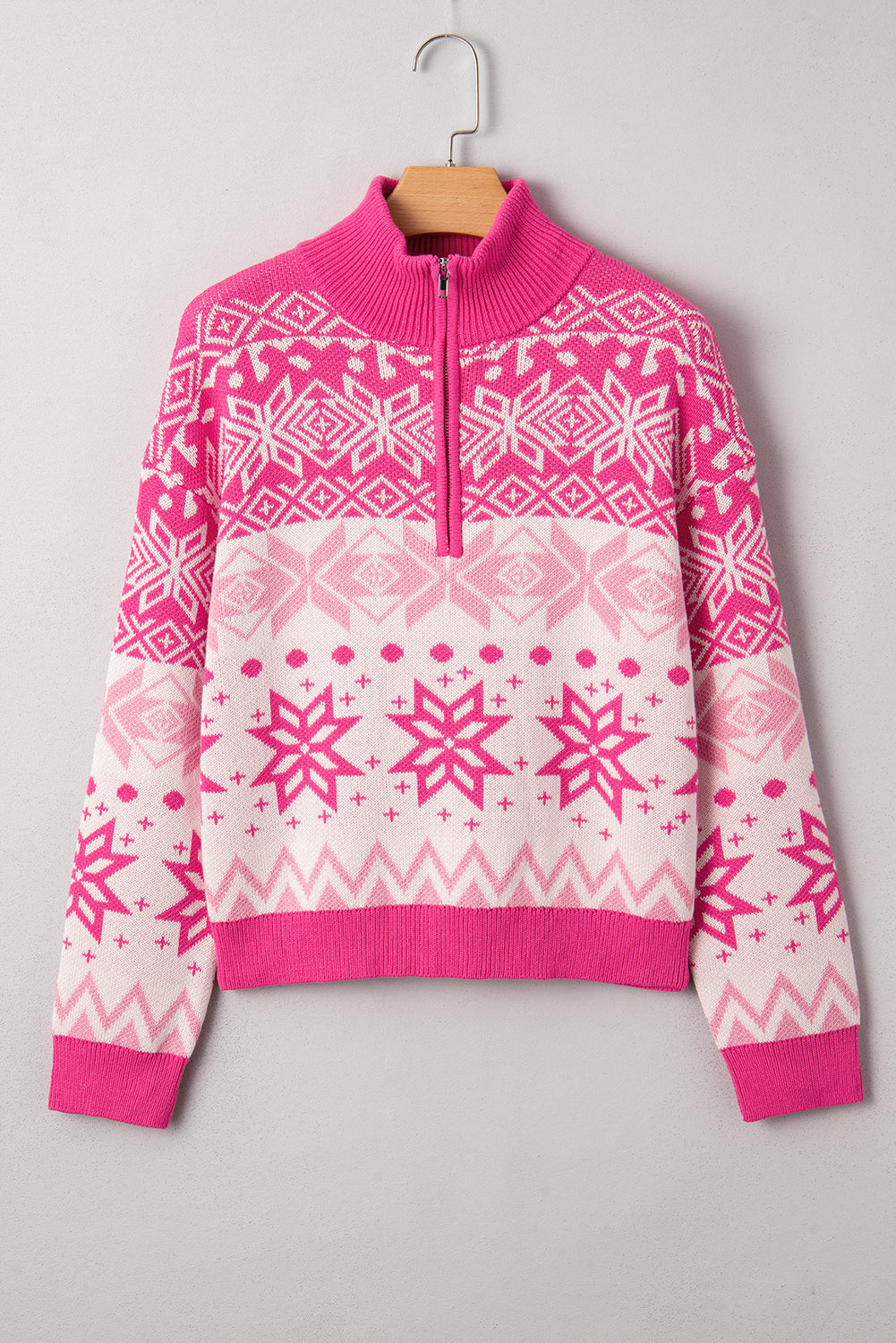 Rose Red Snowflake Quarter-Zip Collared Sweater – Cozy Holiday Knit Pullover for Women