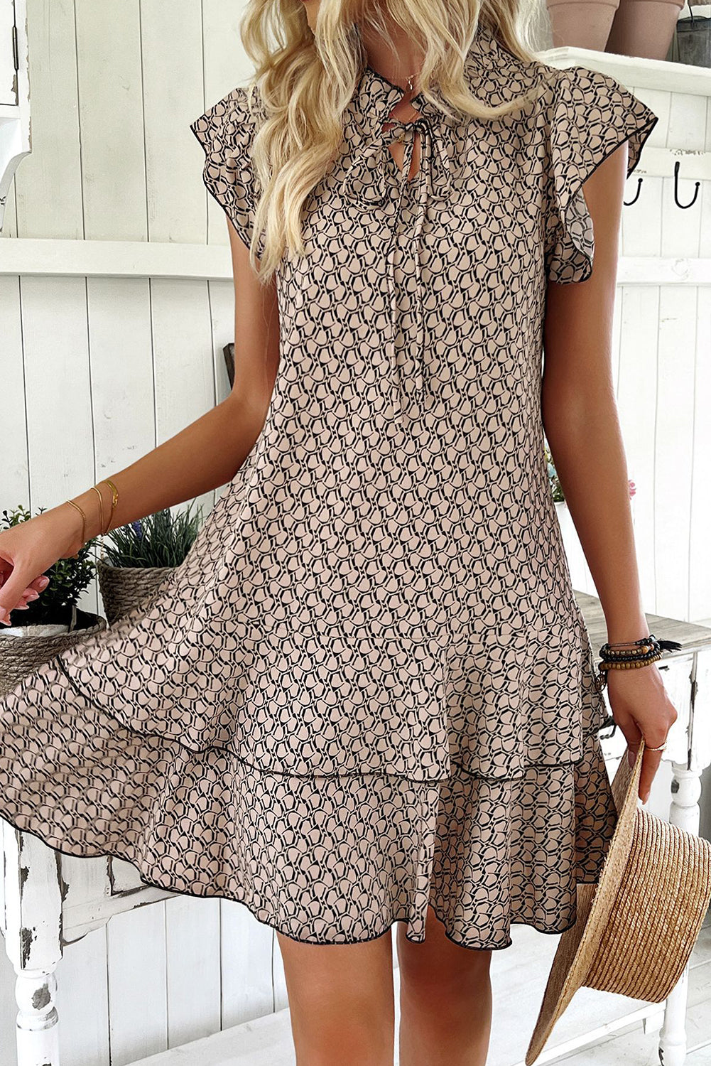 Simply Taupe Bohemian Print V-Neck Flutter Sleeve Ruffle Mini Dress