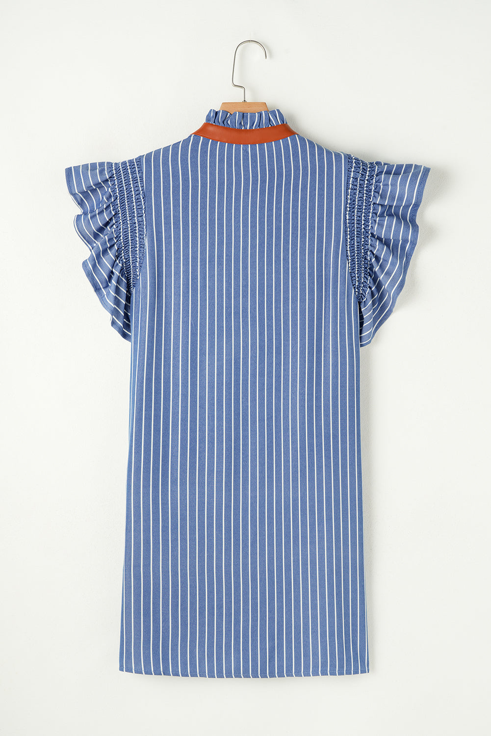 Sky Blue Stripe Frilly Split Neck Shirred Ruffle Sleeve Mini Shift Dress
