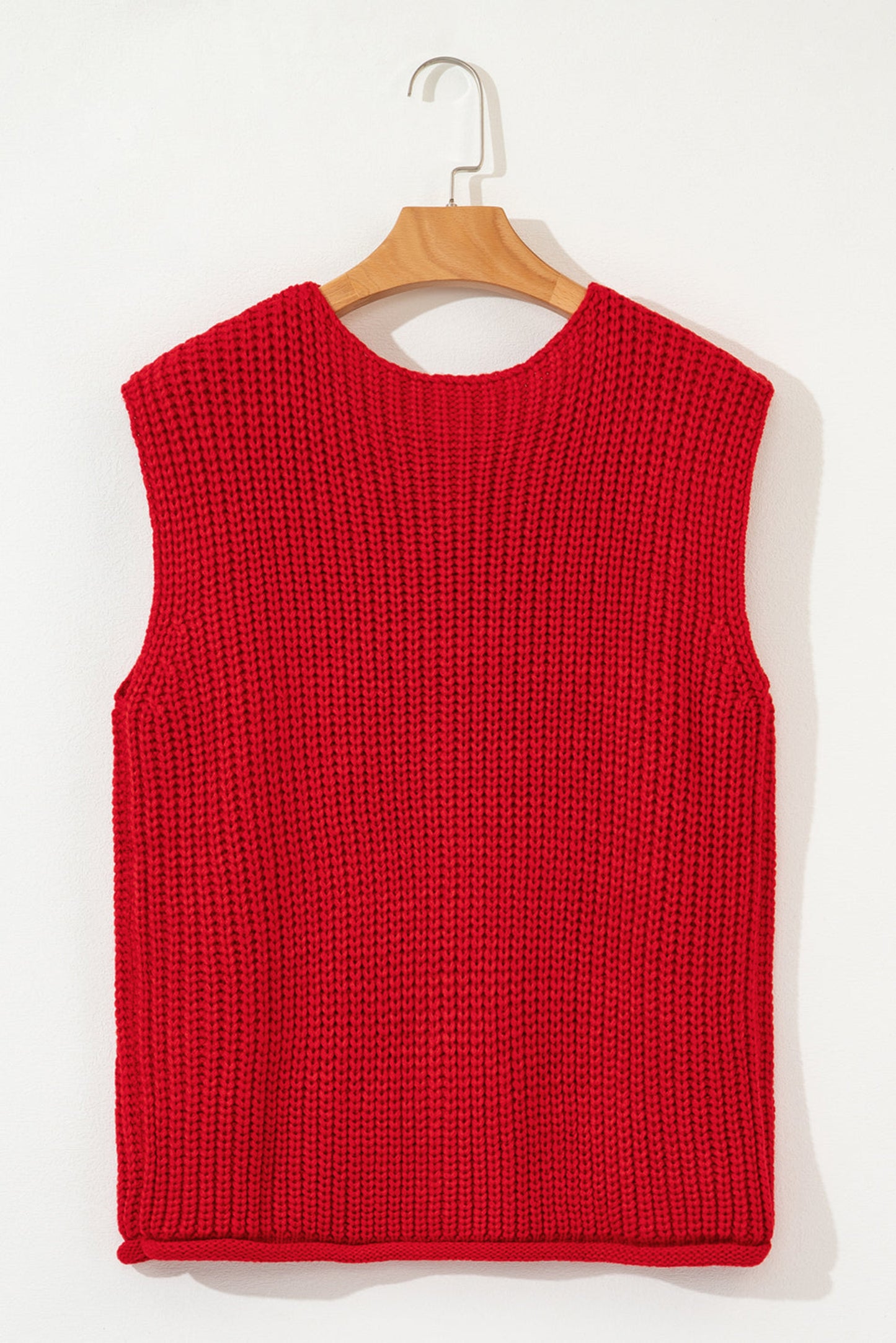Firey Red Chunky Knit Buttoned Sweater Vest for Women – Cozy Fall Layer with Side Pockets