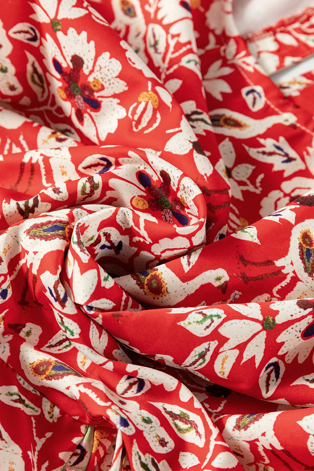 Red Floral Patchwork Mini Dress Long Sleeve Pleated Boho Casual Loose Fit Women’s Dress