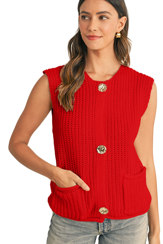 Firey Red Chunky Knit Buttoned Sweater Vest for Women – Cozy Fall Layer with Side Pockets