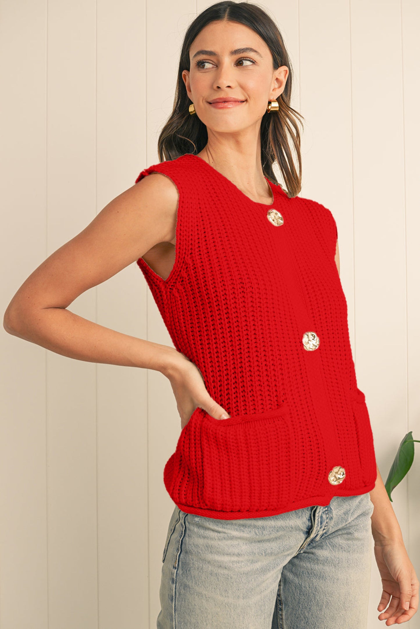 Firey Red Chunky Knit Buttoned Sweater Vest for Women – Cozy Fall Layer with Side Pockets