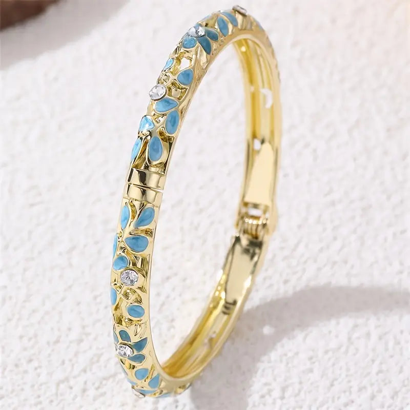 CLOISONNE ENAMELED RHINESTONE GOLD HINGED CUFF BRACELETS - HANDCRAFTED - JAG Universal Collection