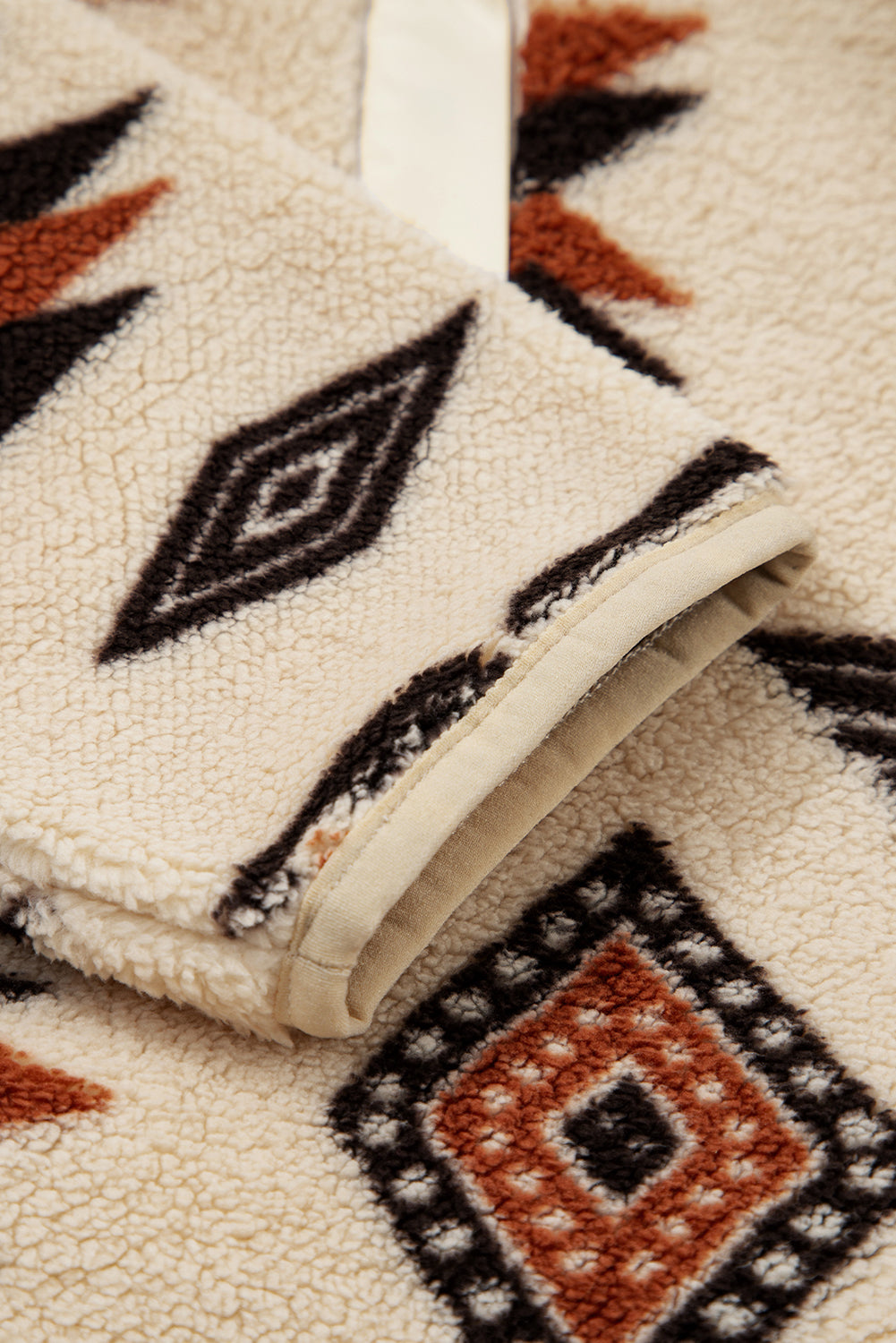 Beige Western Aztec Half Zip Plush Sweatshirt – Cozy Tribal Print Fleece Pullover for Women | Warm Boho Winter Jacket with Pockets