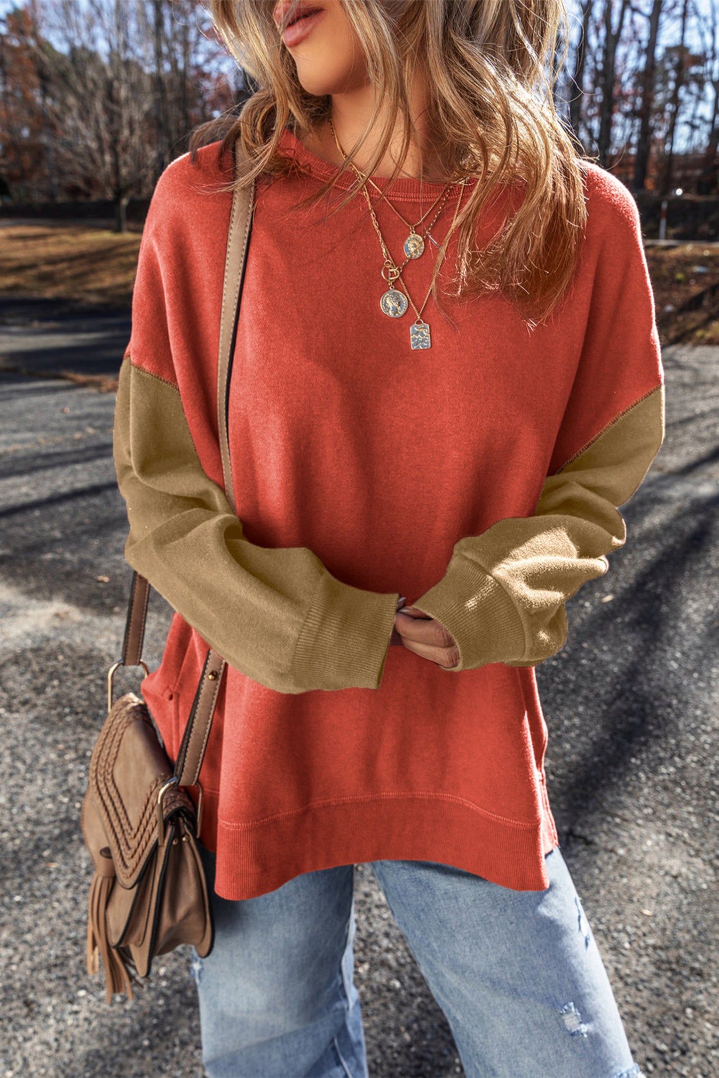 Women’s Colorblock Patchwork Sweatshirt – Gold Flame Drop Shoulder Pullover