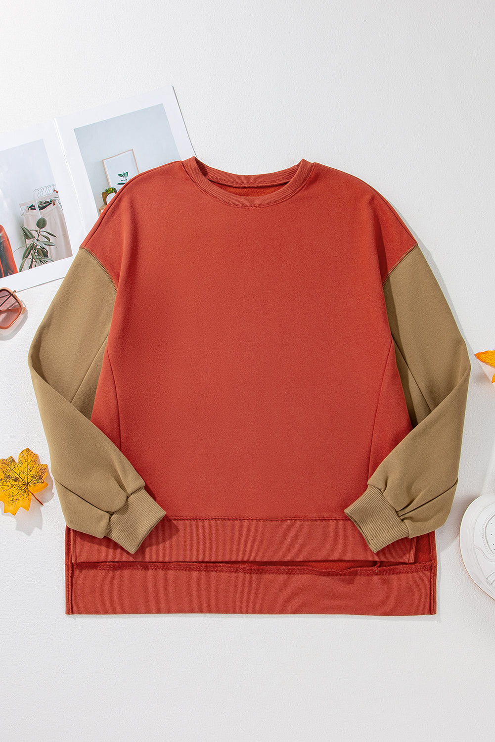 Women’s Colorblock Patchwork Sweatshirt – Gold Flame Drop Shoulder Pullover