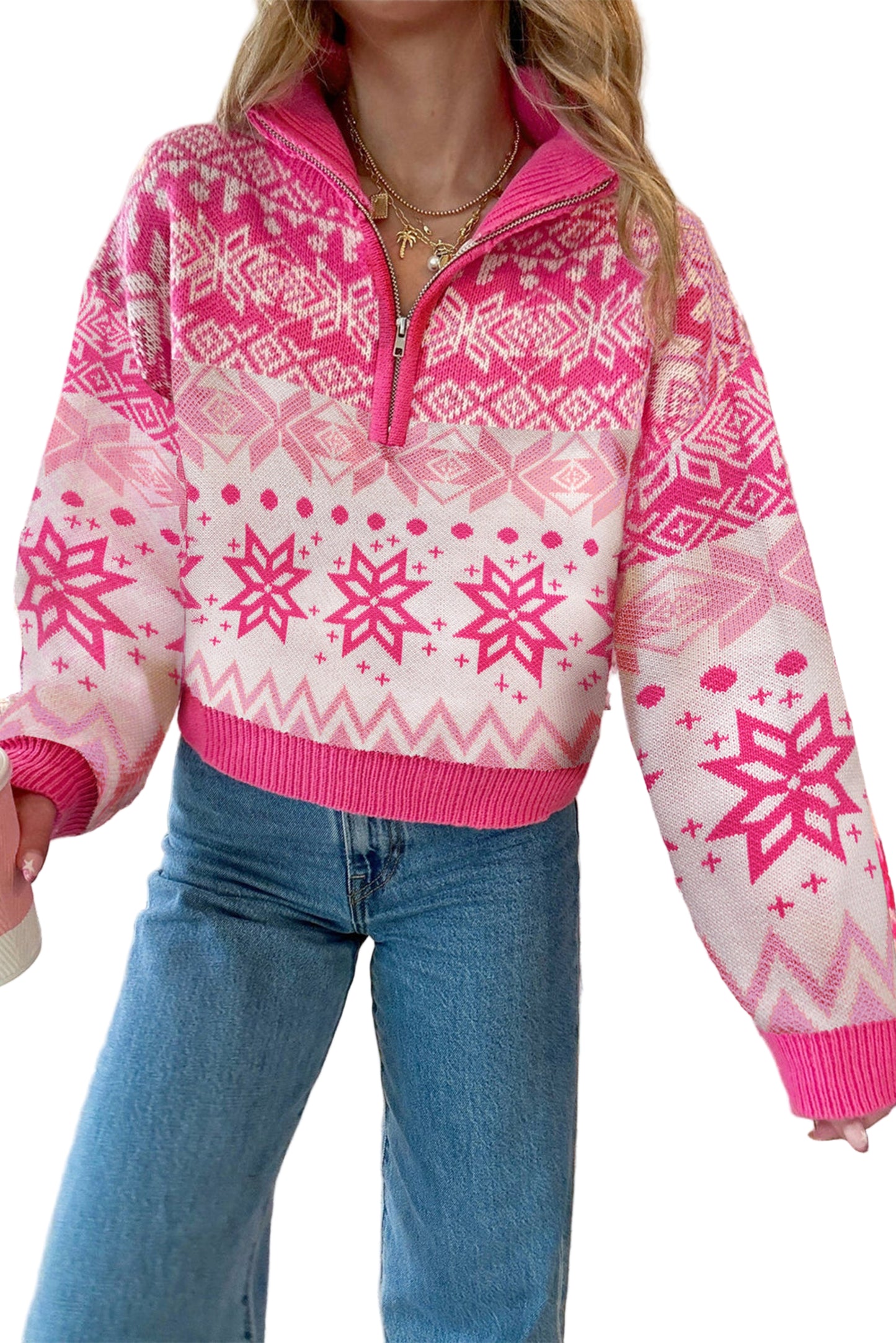 Rose Red Snowflake Quarter-Zip Collared Sweater – Cozy Holiday Knit Pullover for Women