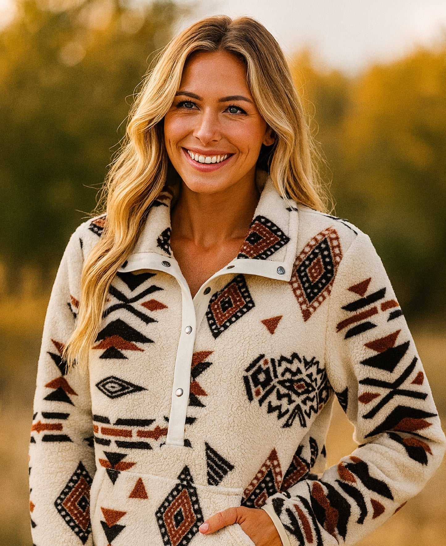 Beige Western Aztec Half Zip Plush Sweatshirt – Cozy Tribal Print Fleece Pullover for Women | Warm Boho Winter Jacket with Pockets