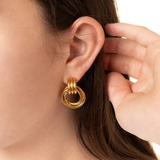 18K Gold PVD 316L Surgical Stainless Steel Double Interlocking Hoop Earrings for Women – Non-Tarnish, Hypoallergenic