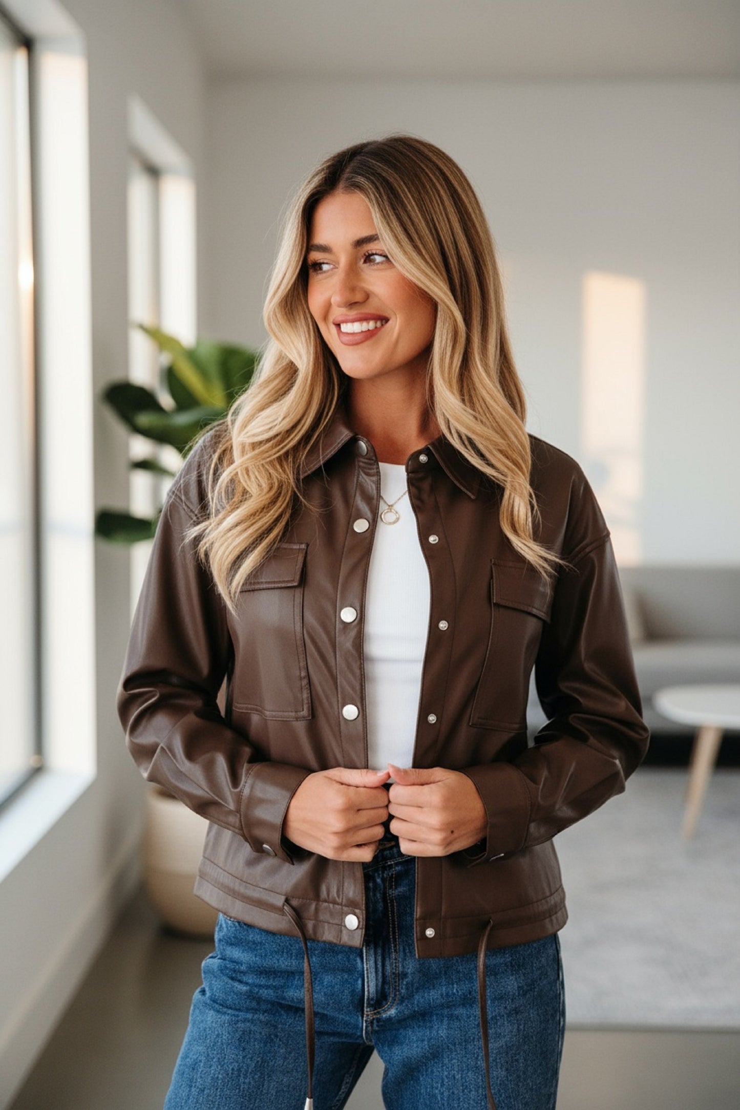 Chicory Coffee PU Leather Drawstring Jacket – Double Flap Pocket Utility Shacket for Women