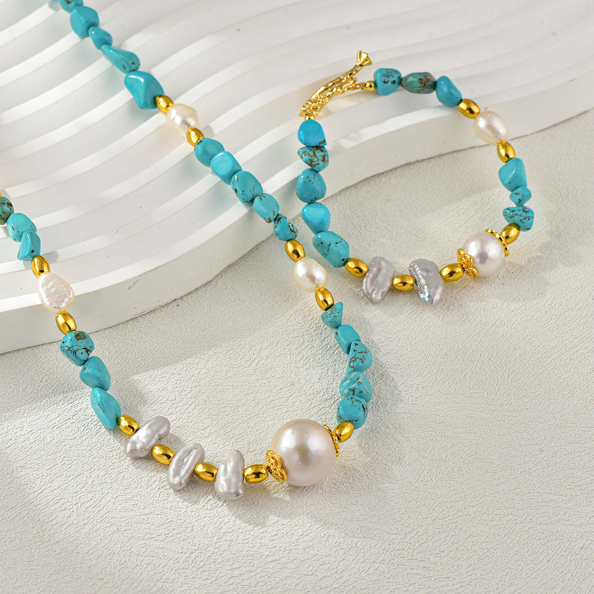 Ocean Breeze Real Freshwater Pearl & Turquoise Bead Necklace & Bracelet | 14K Gold-Plated Jewelry