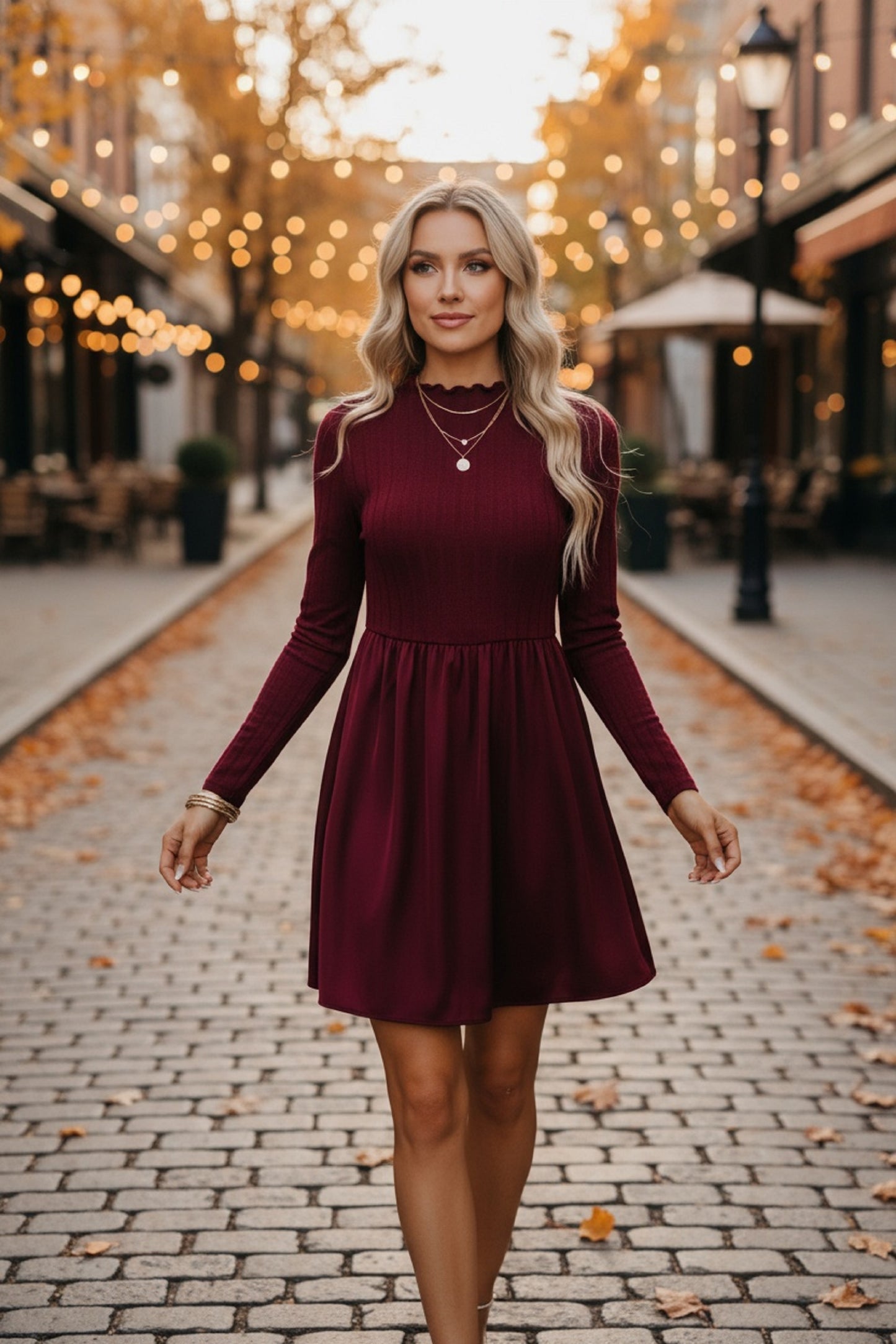 Red Dahlia Frilled Neck Ribbed Knit Patchwork Long Sleeve Mini Dress
