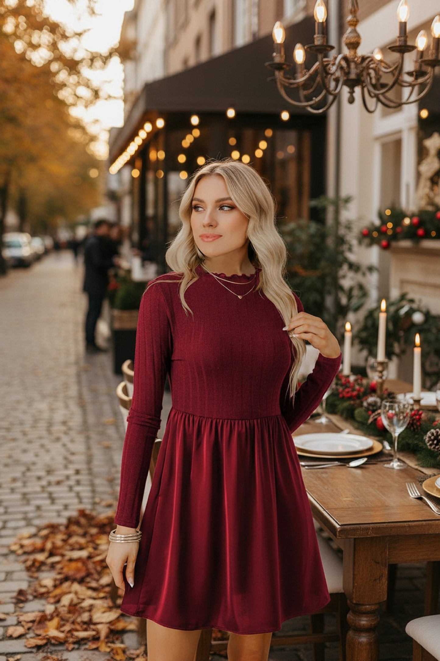 Red Dahlia Frilled Neck Ribbed Knit Patchwork Long Sleeve Mini Dress