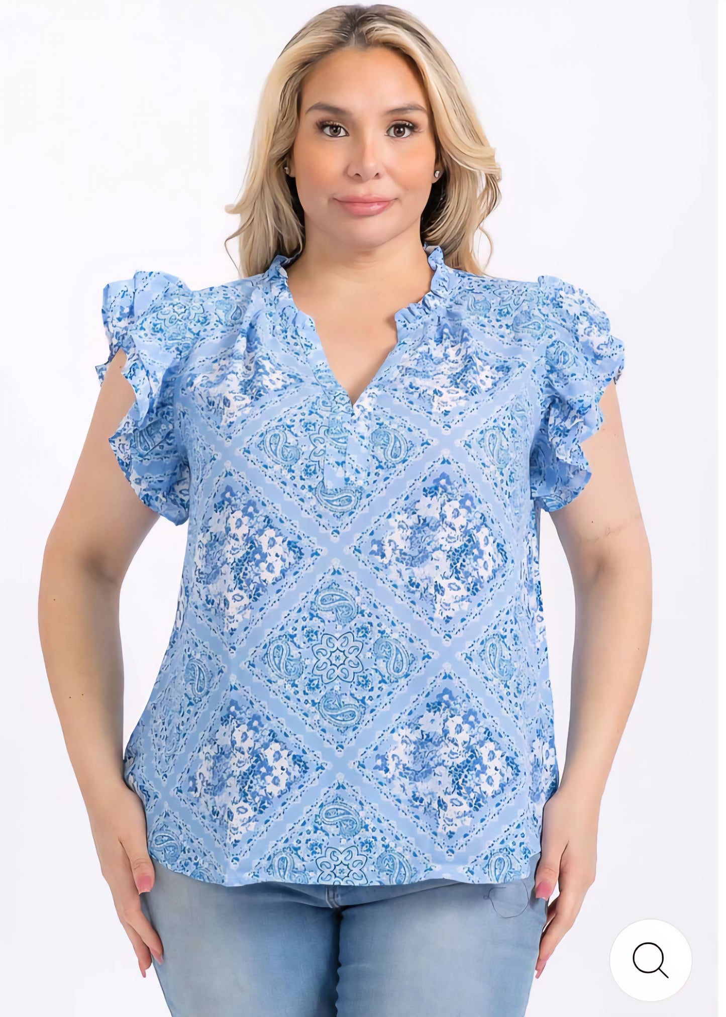 PLUS SIZE SHORT RUFFLE SLEEVE V-NECK MULTI PRINT BLOUSE - BLUE / 3-2-1 (XL-1X-2X) - JAG Universal Collection