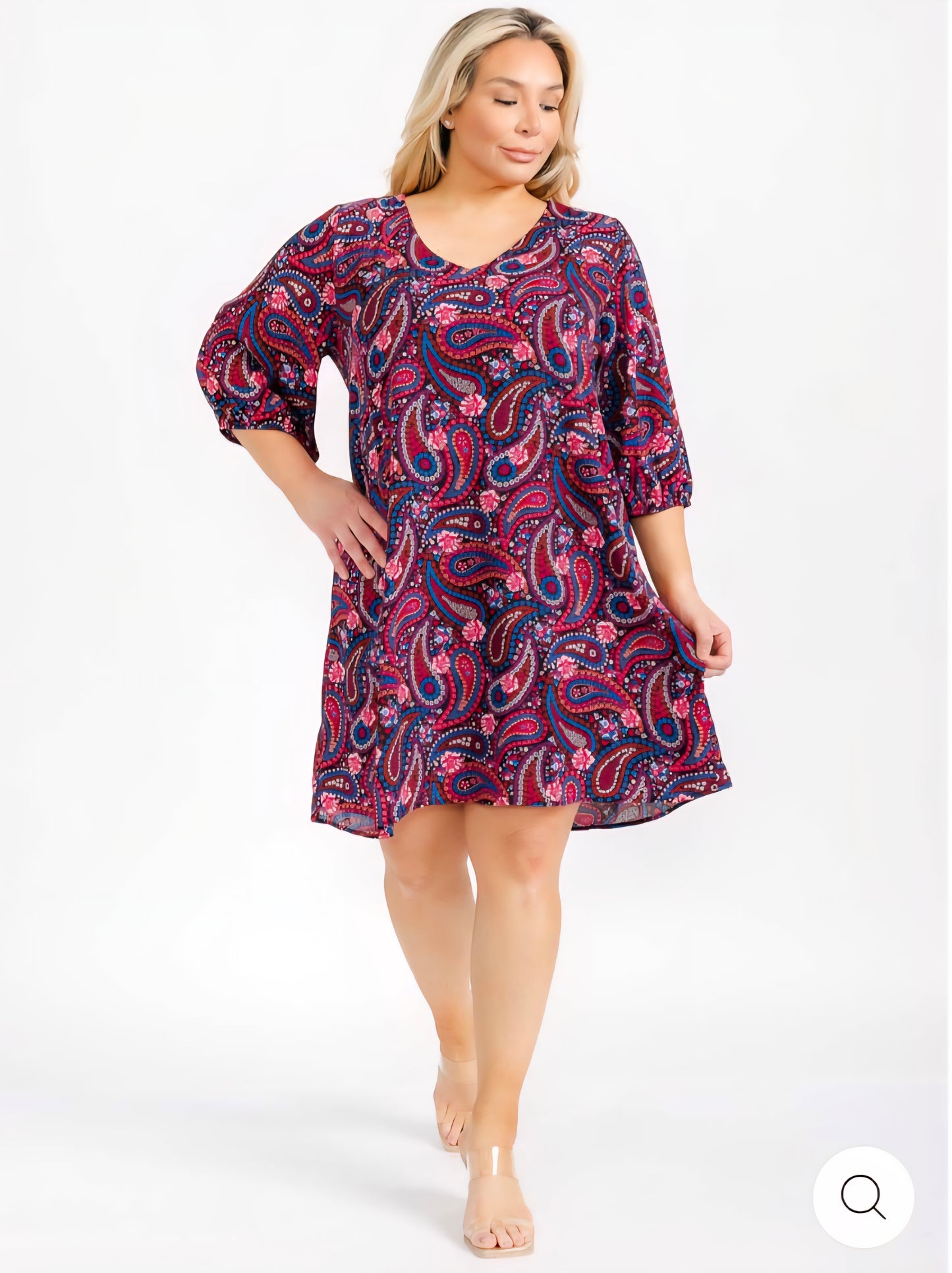 PLUS SIZE 3/4 SLEEVE V-NECK PAISLEY PRINT TUNIC MIDI DRESS - JAG Universal Collection