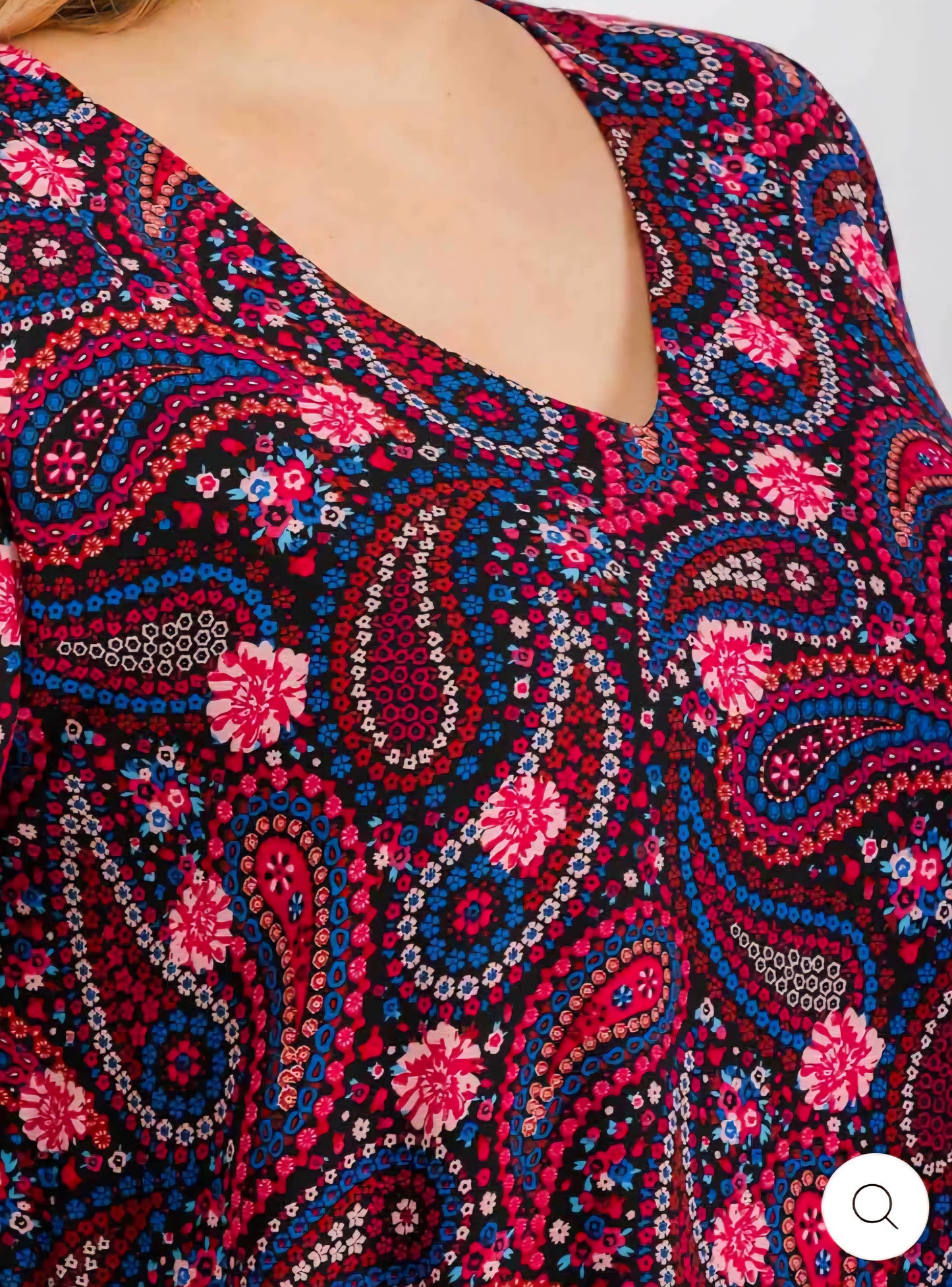 PLUS SIZE 3/4 SLEEVE V-NECK PAISLEY PRINT TUNIC MIDI DRESS - JAG Universal Collection