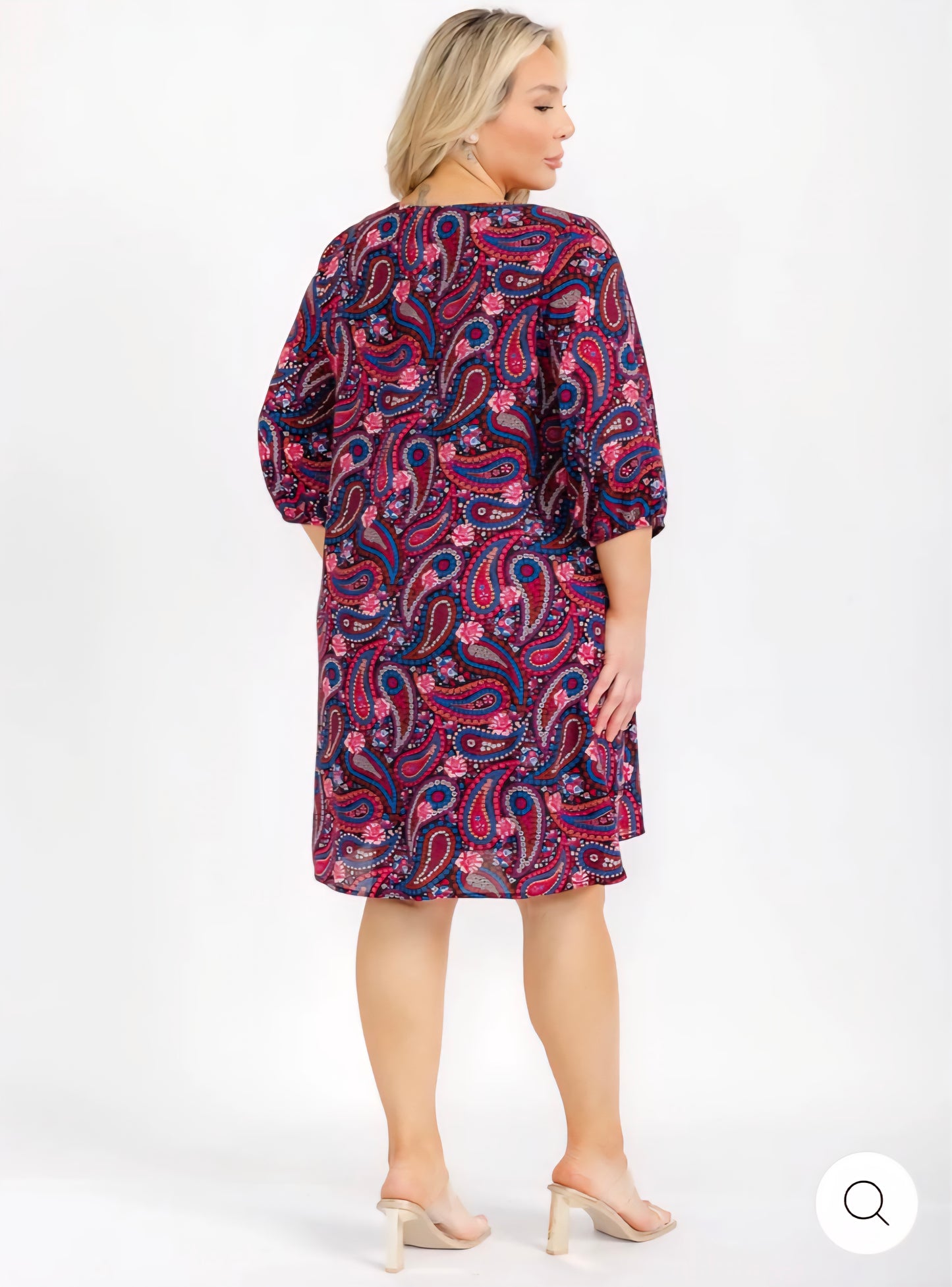 PLUS SIZE 3/4 SLEEVE V-NECK PAISLEY PRINT TUNIC MIDI DRESS - JAG Universal Collection