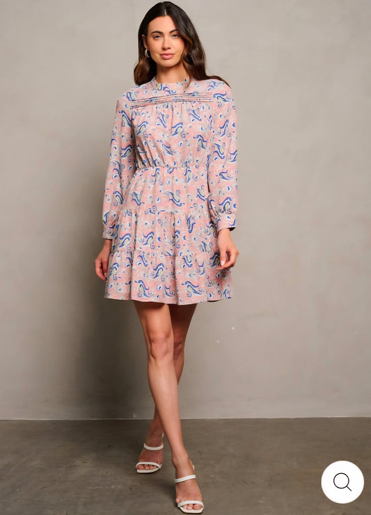 WOMEN'S LONG SLEEVE ELASTIC WAIST PAISLEY PRINT MINI DRESS - JAG Universal Collection