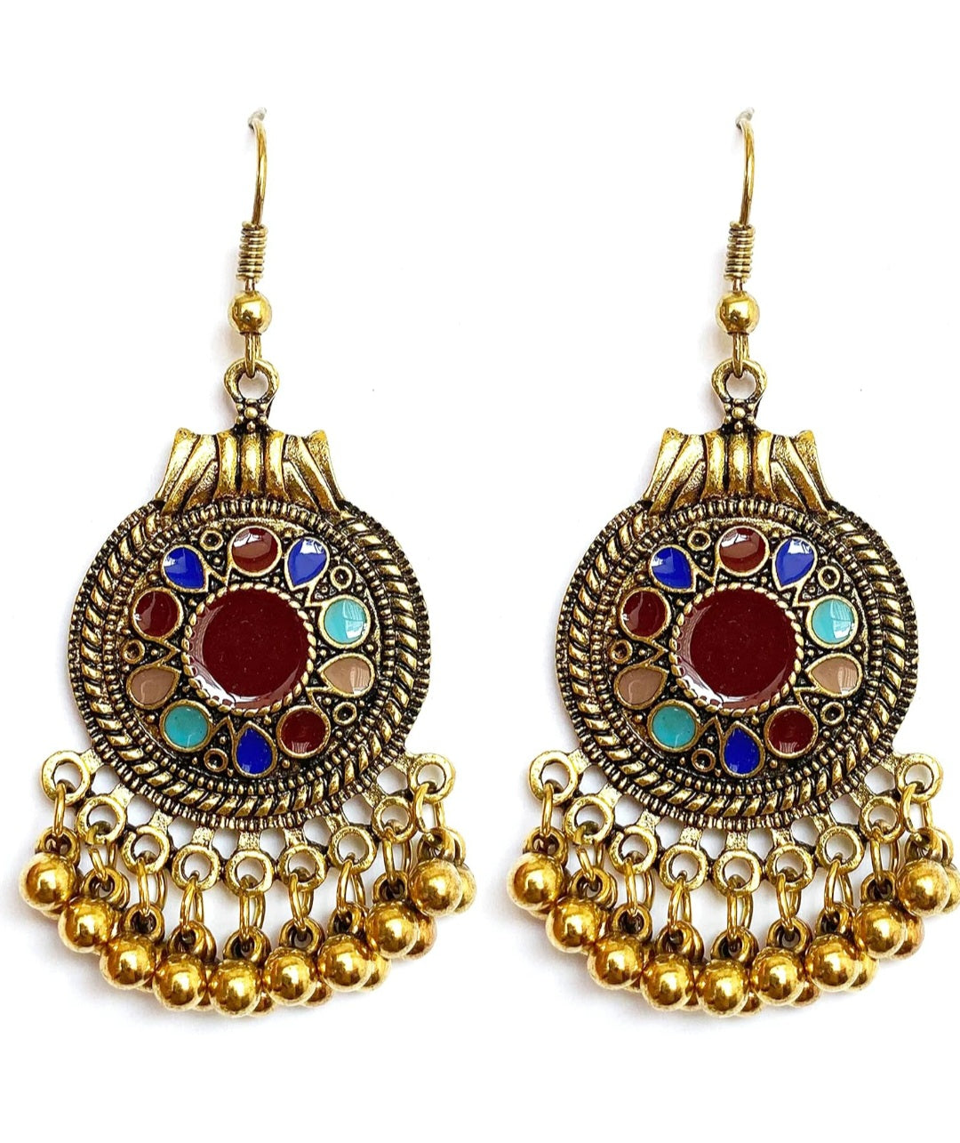 Kundan Handmade Bohemian Vintage Gold Bronze Round Flower Geometry Dangle Drop Earrings - JAG Universal Collection