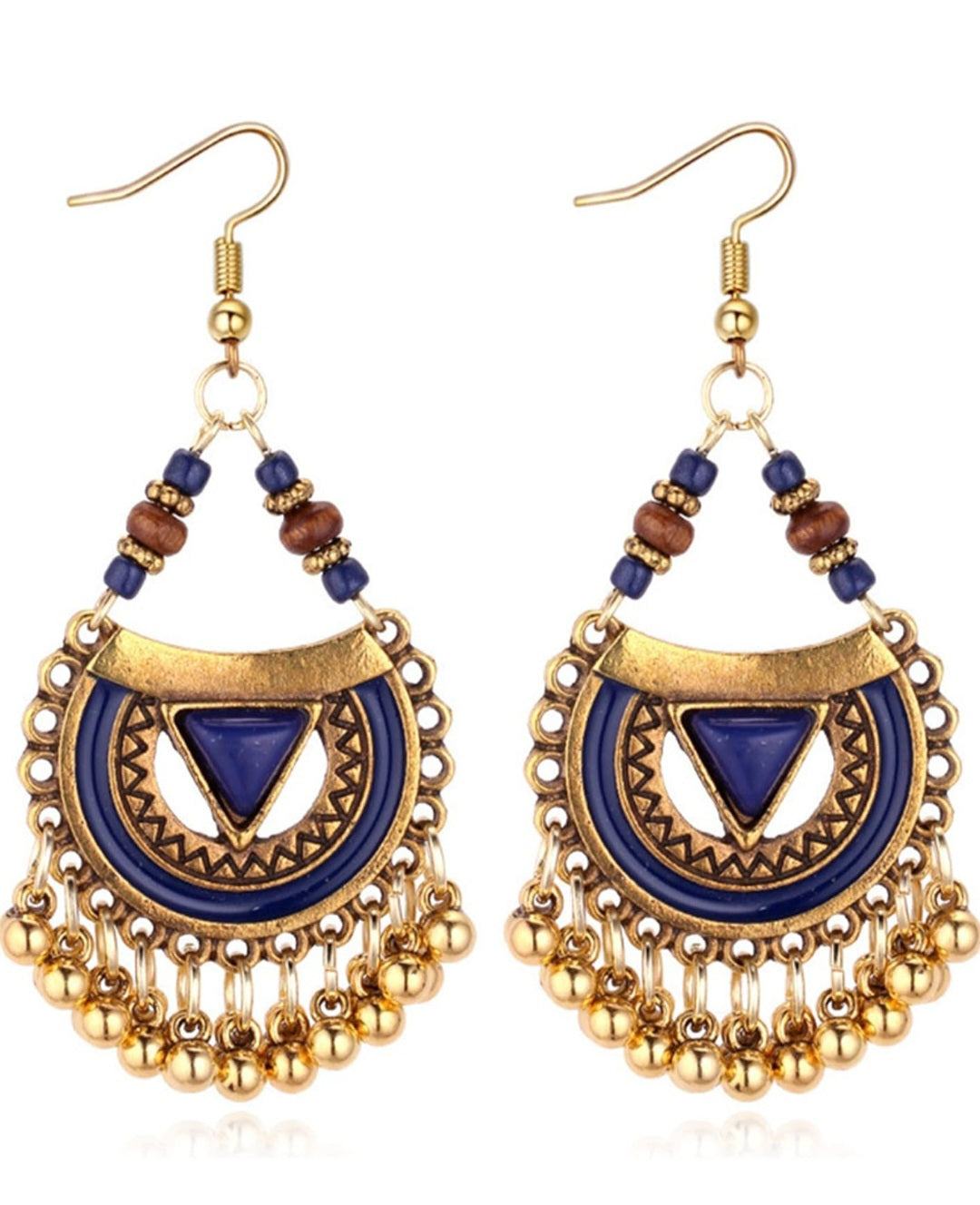 TRIBAL MOSAIC HALF-MOON EARRINGS - BOHO BLUE AND RED DROPS