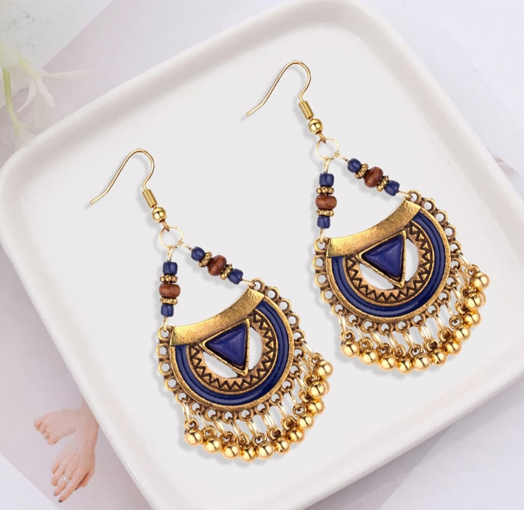 TRIBAL MOSAIC HALF-MOON EARRINGS - BOHO BLUE AND RED DROPS
