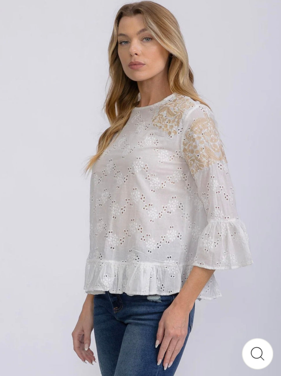 WOMEN'S 3/4 SLEEVE EYELET EMBROIDERY DETAILED BLOUSE - JAG Universal Collection