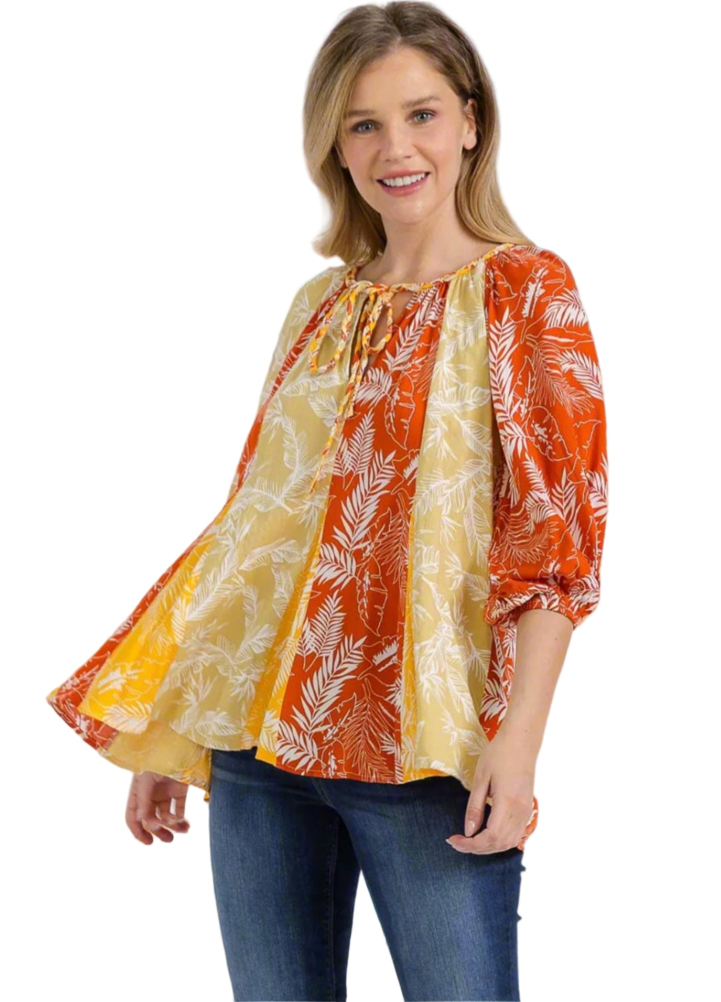 WOMEN'S 3/4 SLEEVE V-NECK LEAF PRINT TUNIC BLOUSE - JAG Universal Collection