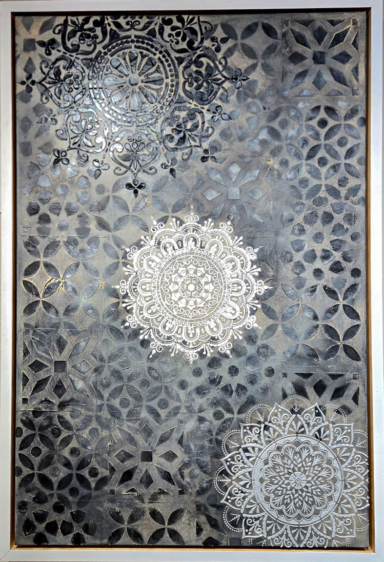 Masks of the Mind – 36" x 24" Framed Mixed Media