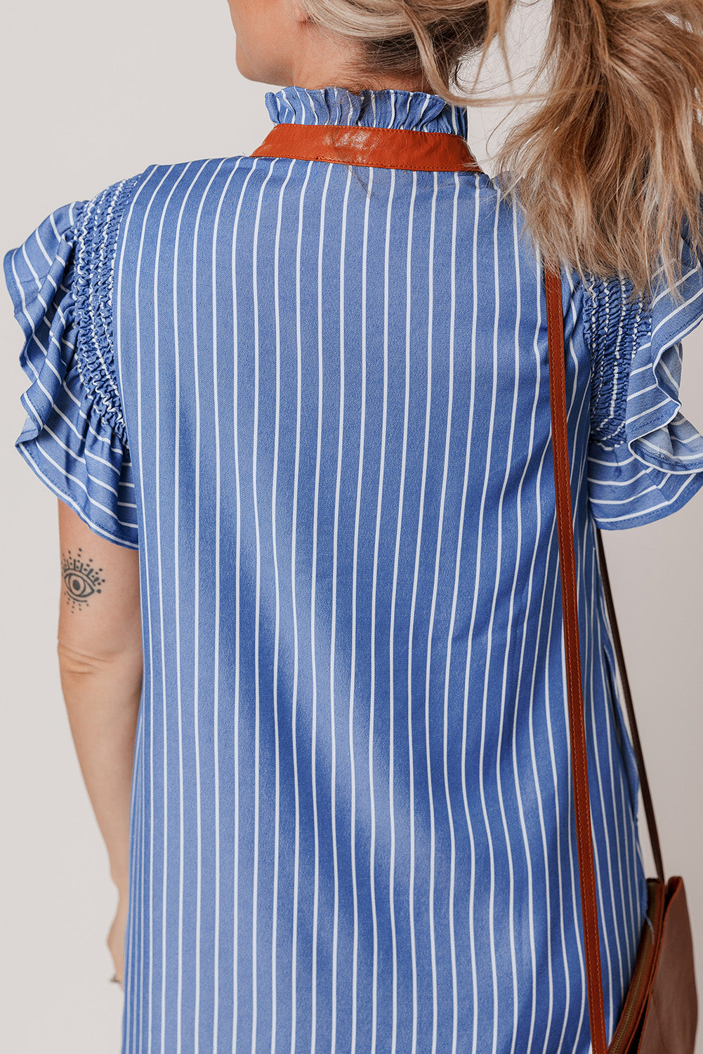 Sky Blue Stripe Frilly Split Neck Shirred Ruffle Sleeve Mini Shift Dress