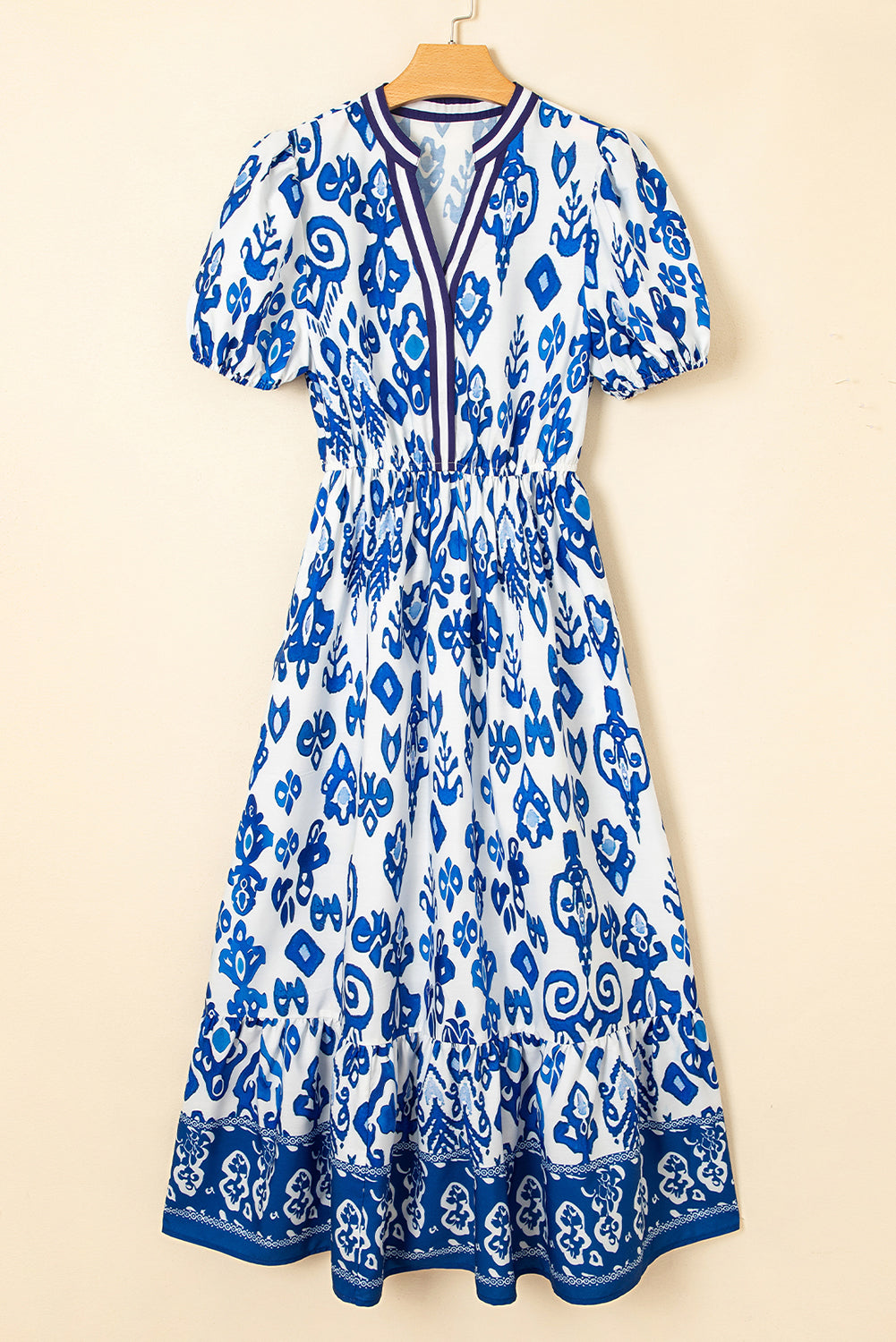 Blue Floral Ruffle Hem Pop of Color Neckline Dress